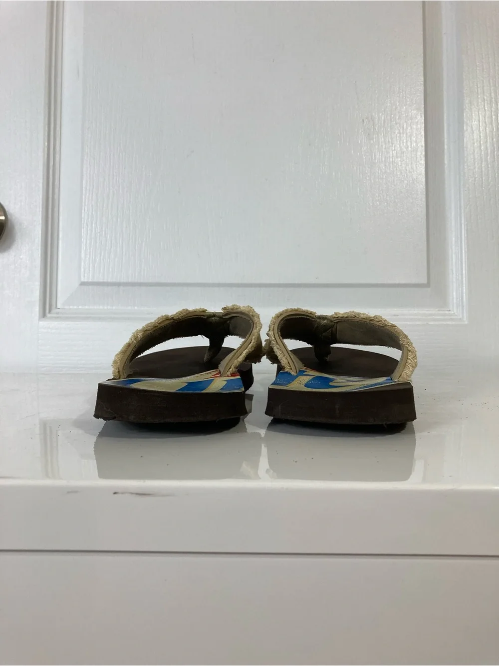 MILLER LITE Sandals Men 8 Brown Canavas Thong Beige Logo Graphic